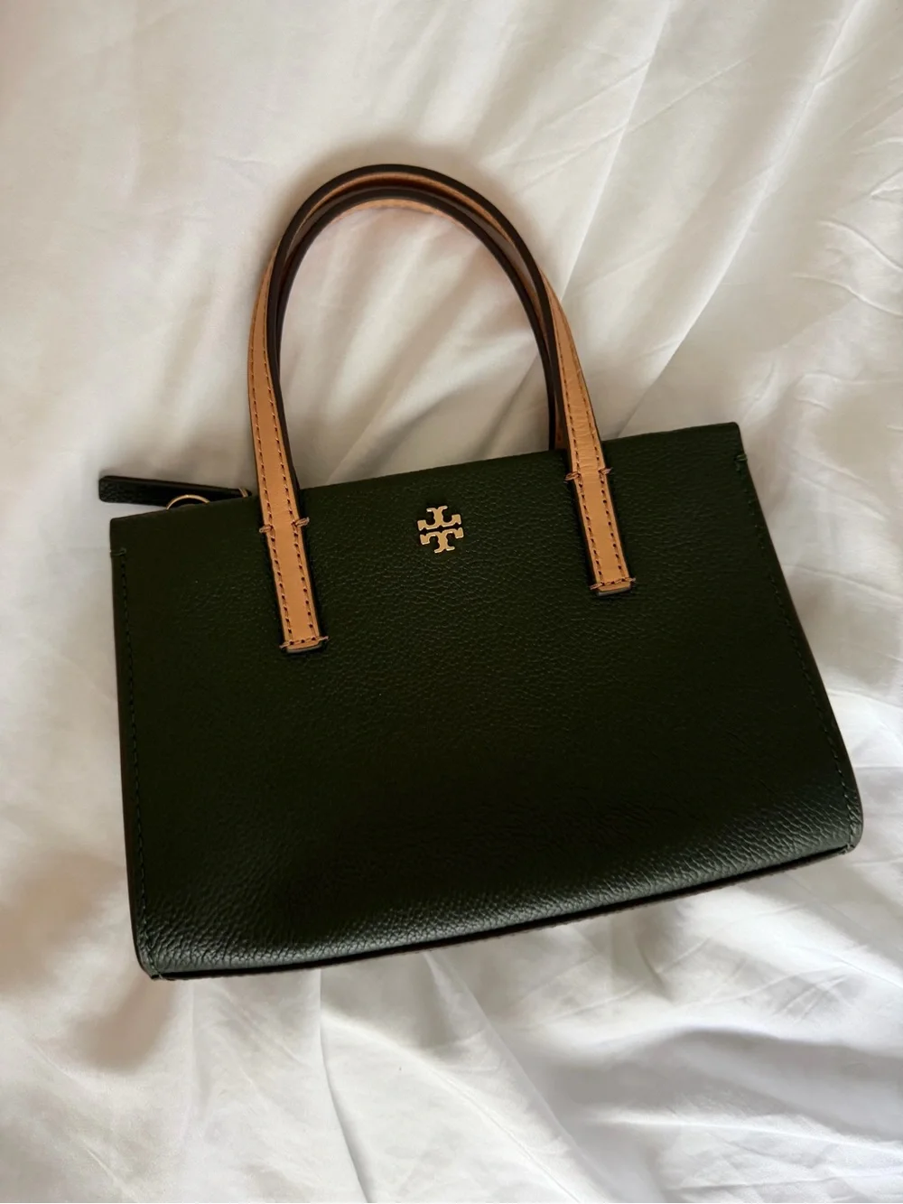 Tory Burch Green Leather Top-Handle Mini Bag with Tan Handles